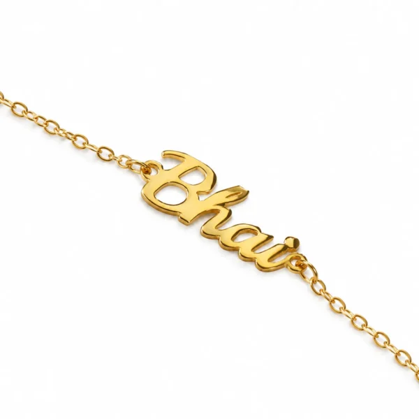 Gold-tone rakhi bracelet for brother featuring a Bhaiya charm pendant