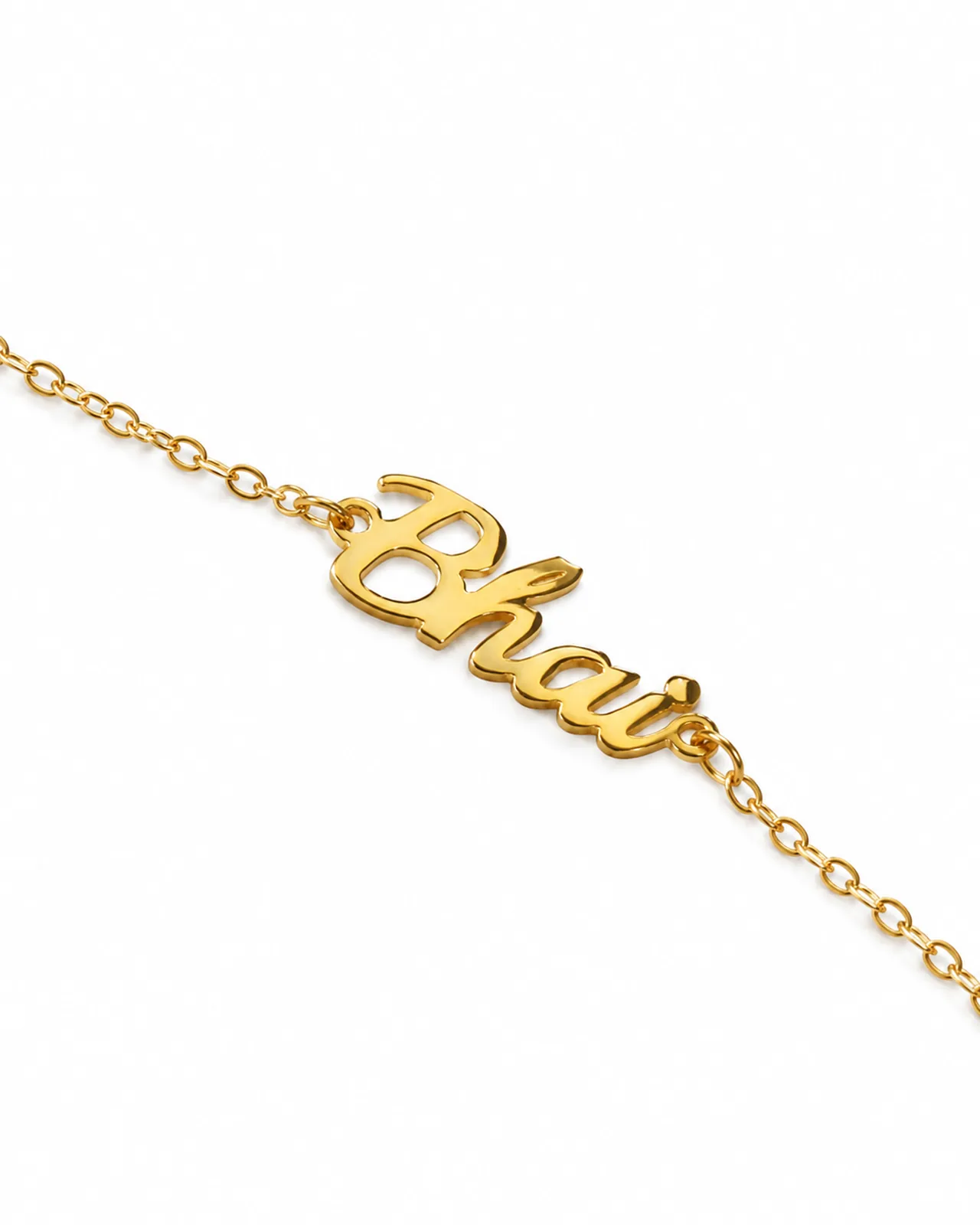 Gold-tone rakhi bracelet for brother featuring a Bhaiya charm pendant