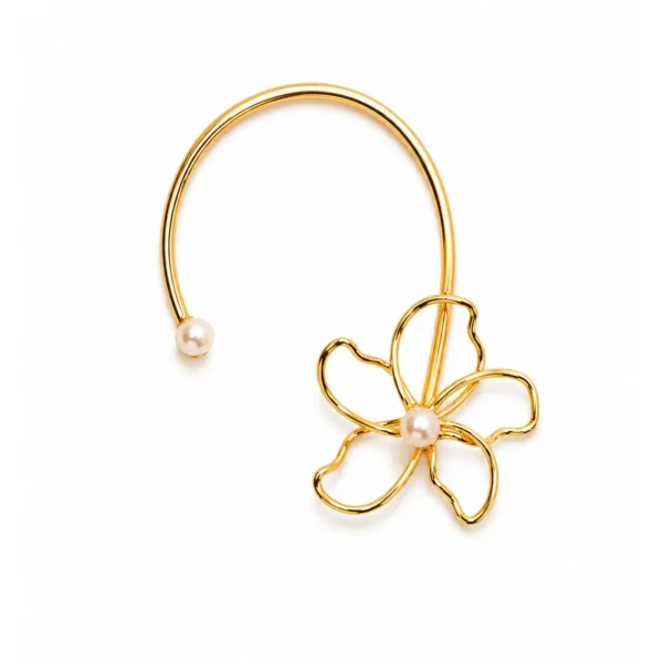 Golden pearl flower ear cuff for kids with dainty pearl beads on a soft gold finish