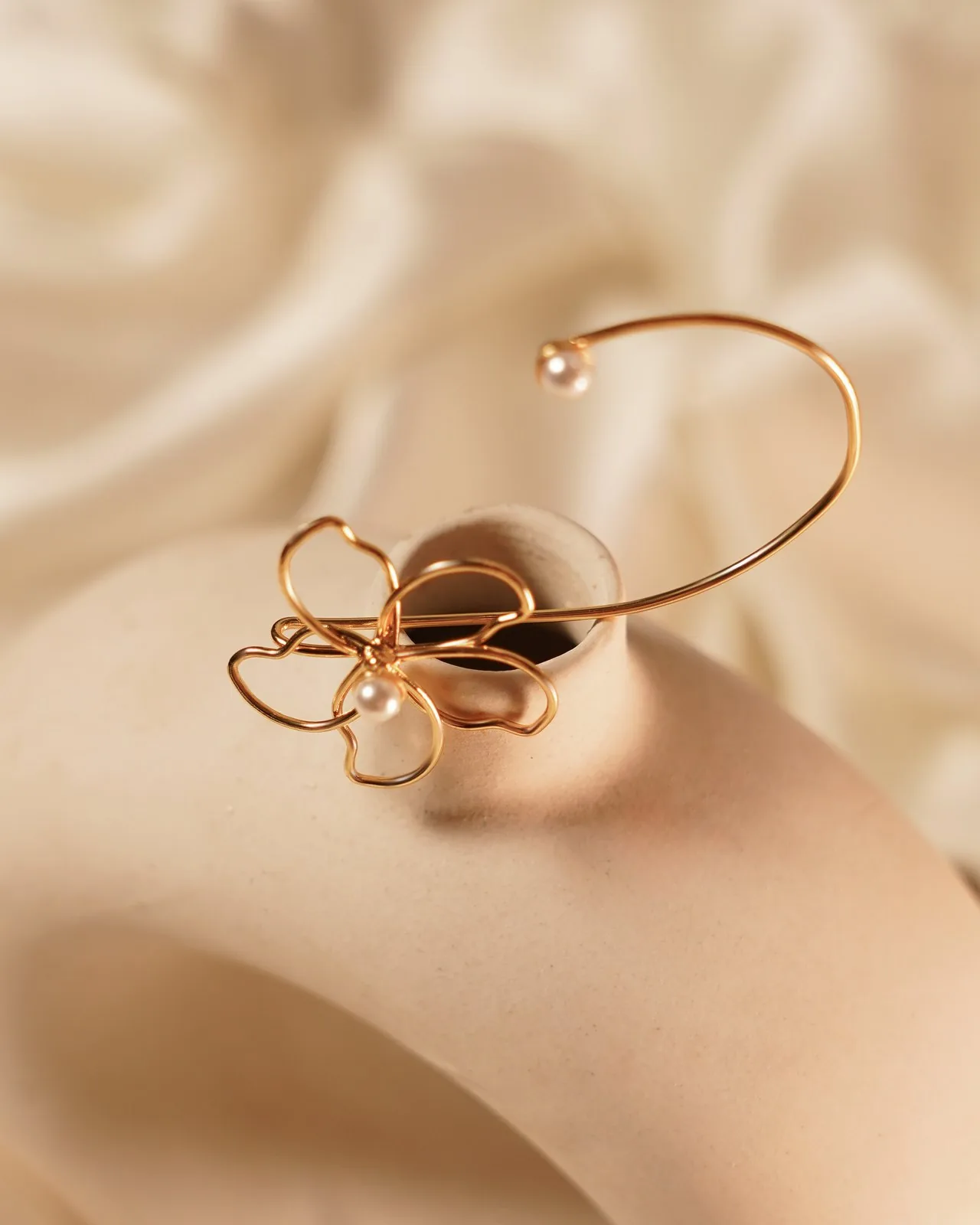 Golden Pearl Flower Ear Cuff by ANIKI