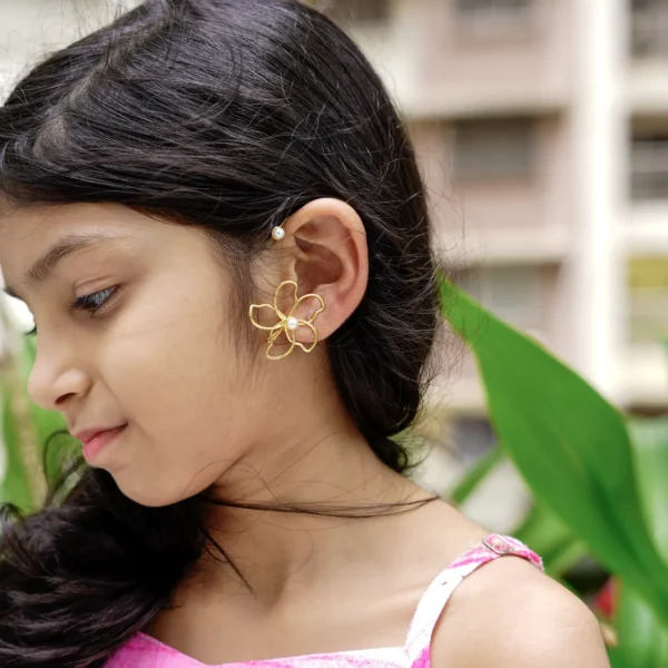 Golden Pearl Flower Ear Cuff worn