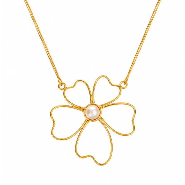 Gold-tone flower pendant with a single pearl on a delicate chain, ANIKI pearl pendant for kids