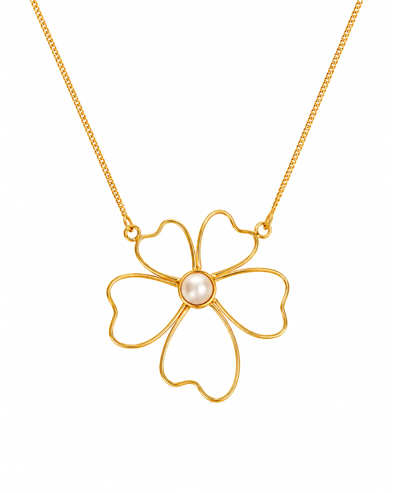 Gold-tone flower pendant with a single pearl on a delicate chain, ANIKI pearl pendant for kids