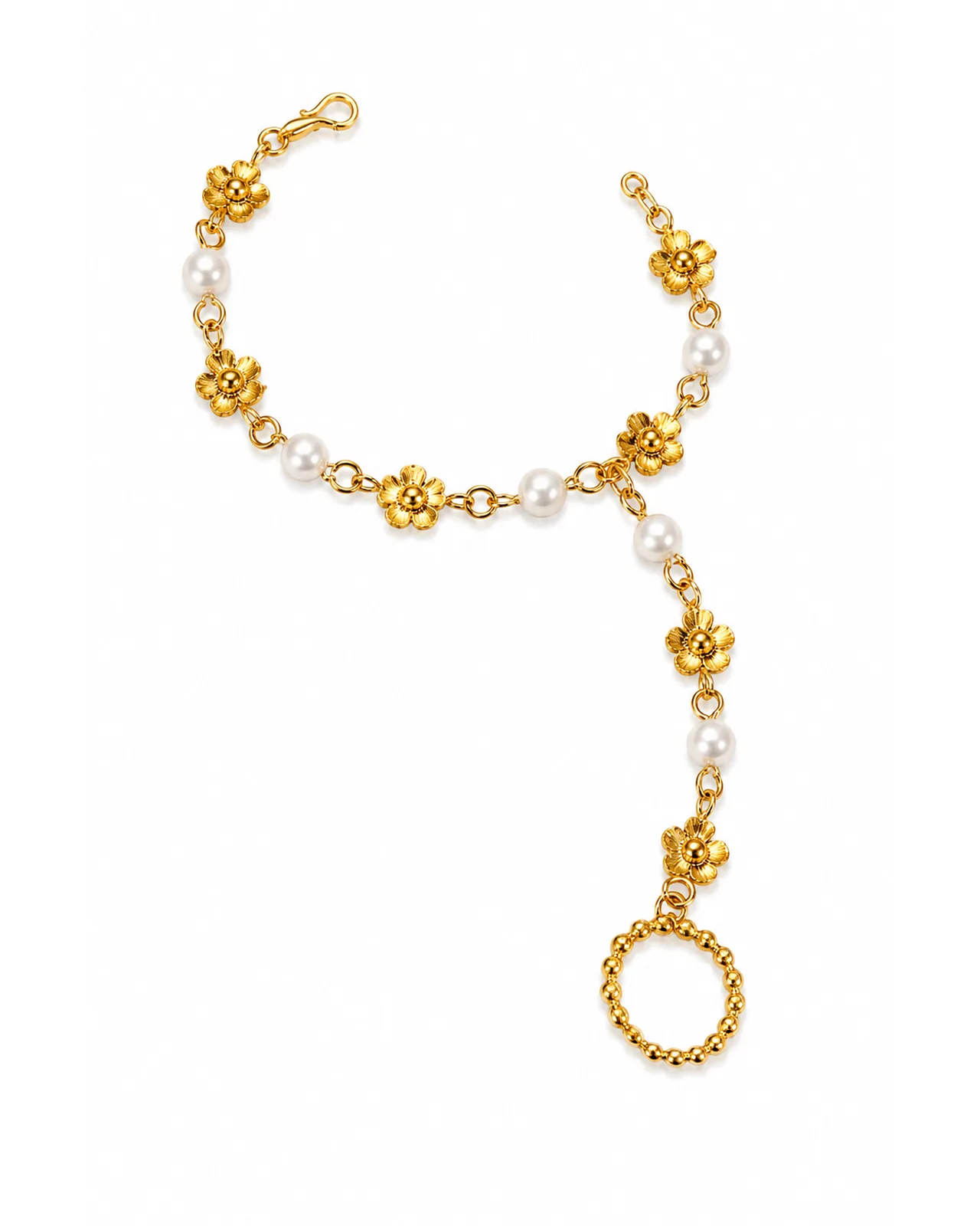 Pearl hathphool for kids showing floral ring, hand chain and matching bracelet set