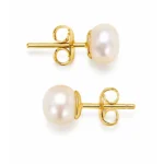 Pearl stud earrings for kids, gold-tone pair with butterfly backs on a white background