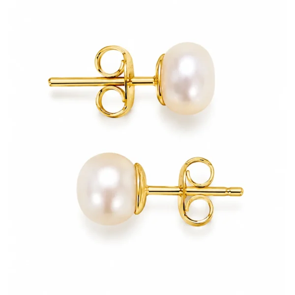 Pearl stud earrings for kids, gold-tone pair with butterfly backs on a white background