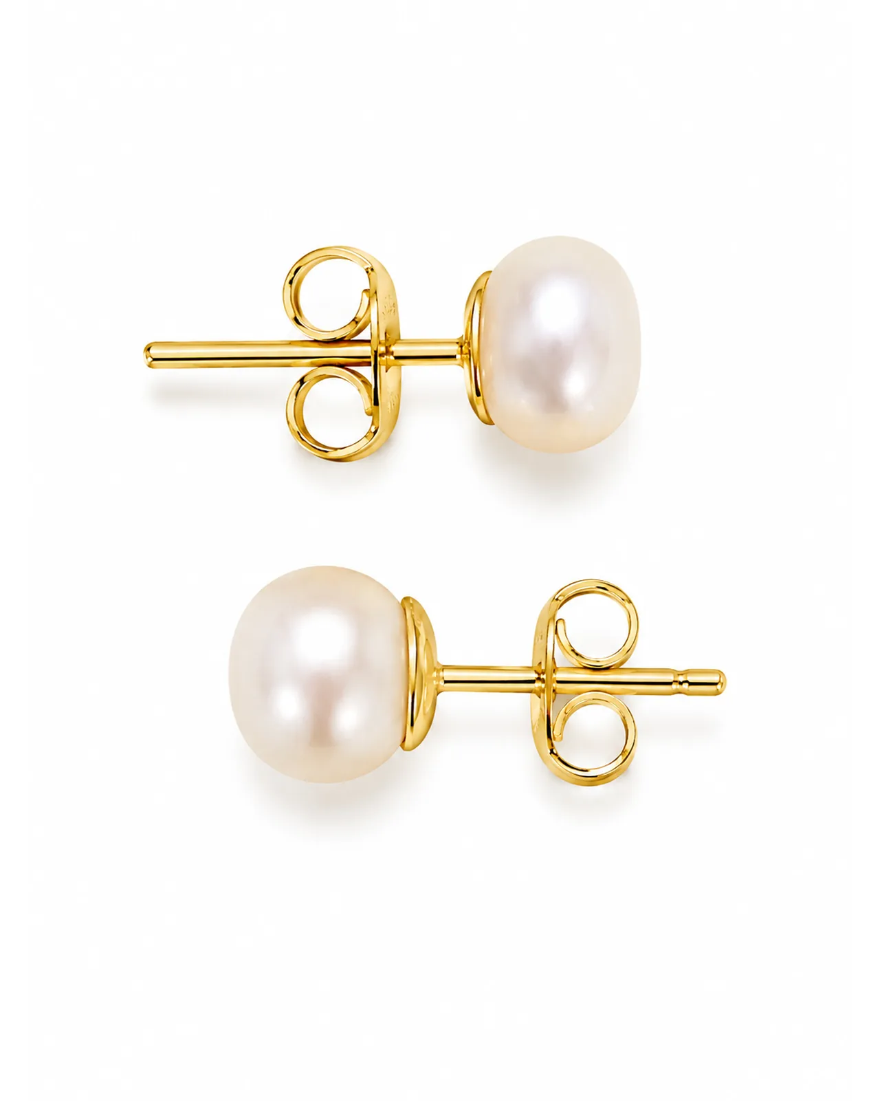 Pearl stud earrings for kids, gold-tone pair with butterfly backs on a white background