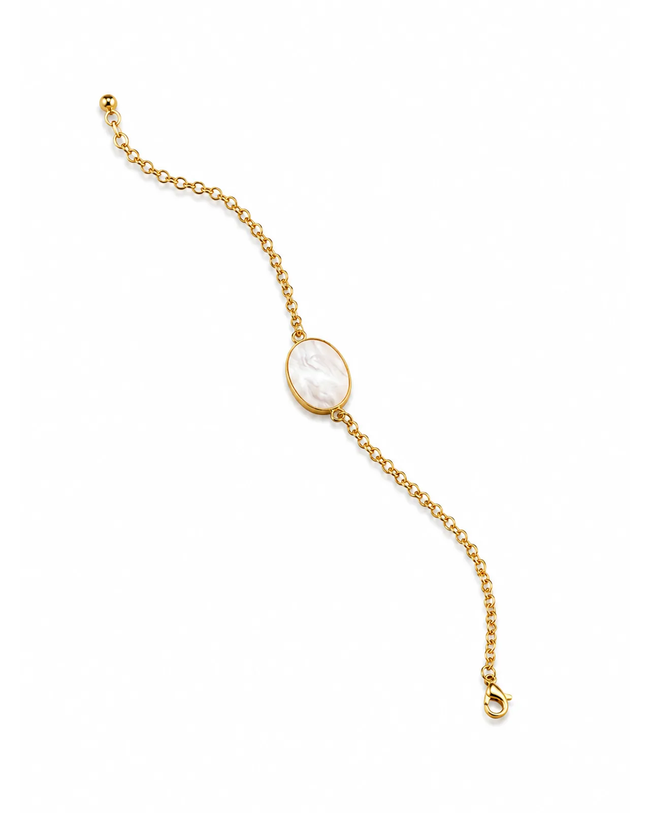 The Mother Pearl Rakhi 1 Mother-of-pearl rakhi bracelet with adjustable gold-tone chain and oval charm