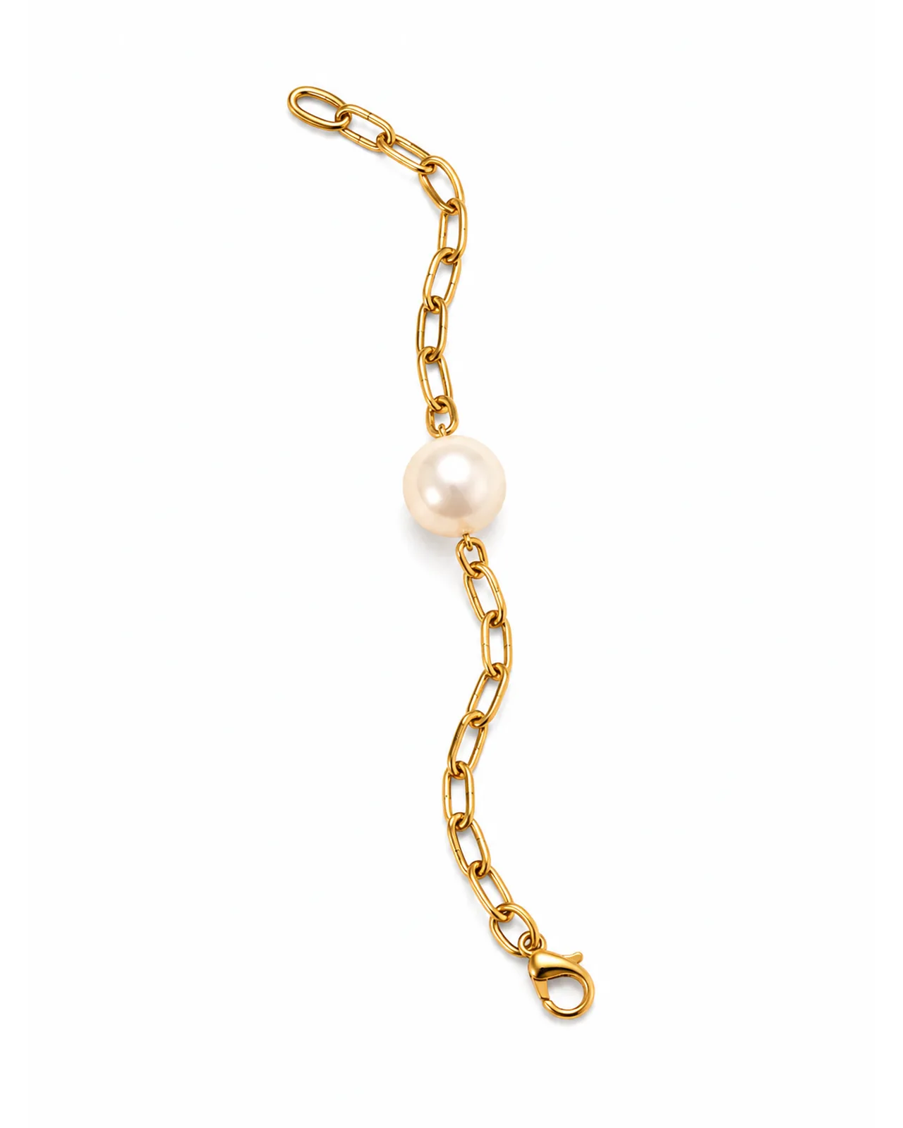 Gold-tone Pearl Link Rakhi, a pearl rakhi bracelet with a single pearl centrepiece, on white background