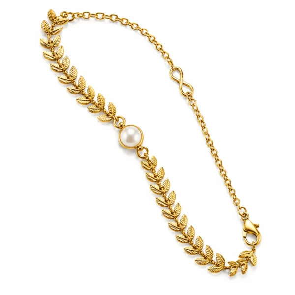 Kids pearl necklace with tiny pearls and gold-tone leaf pendant, close-up on white background