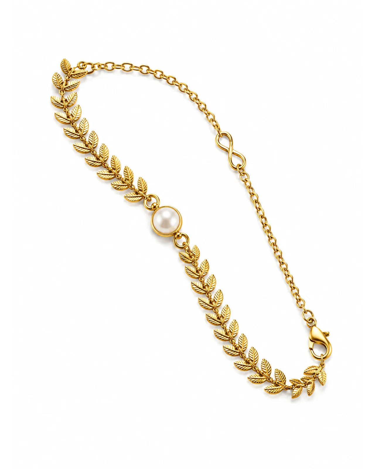 Kids pearl necklace with tiny pearls and gold-tone leaf pendant, close-up on white background
