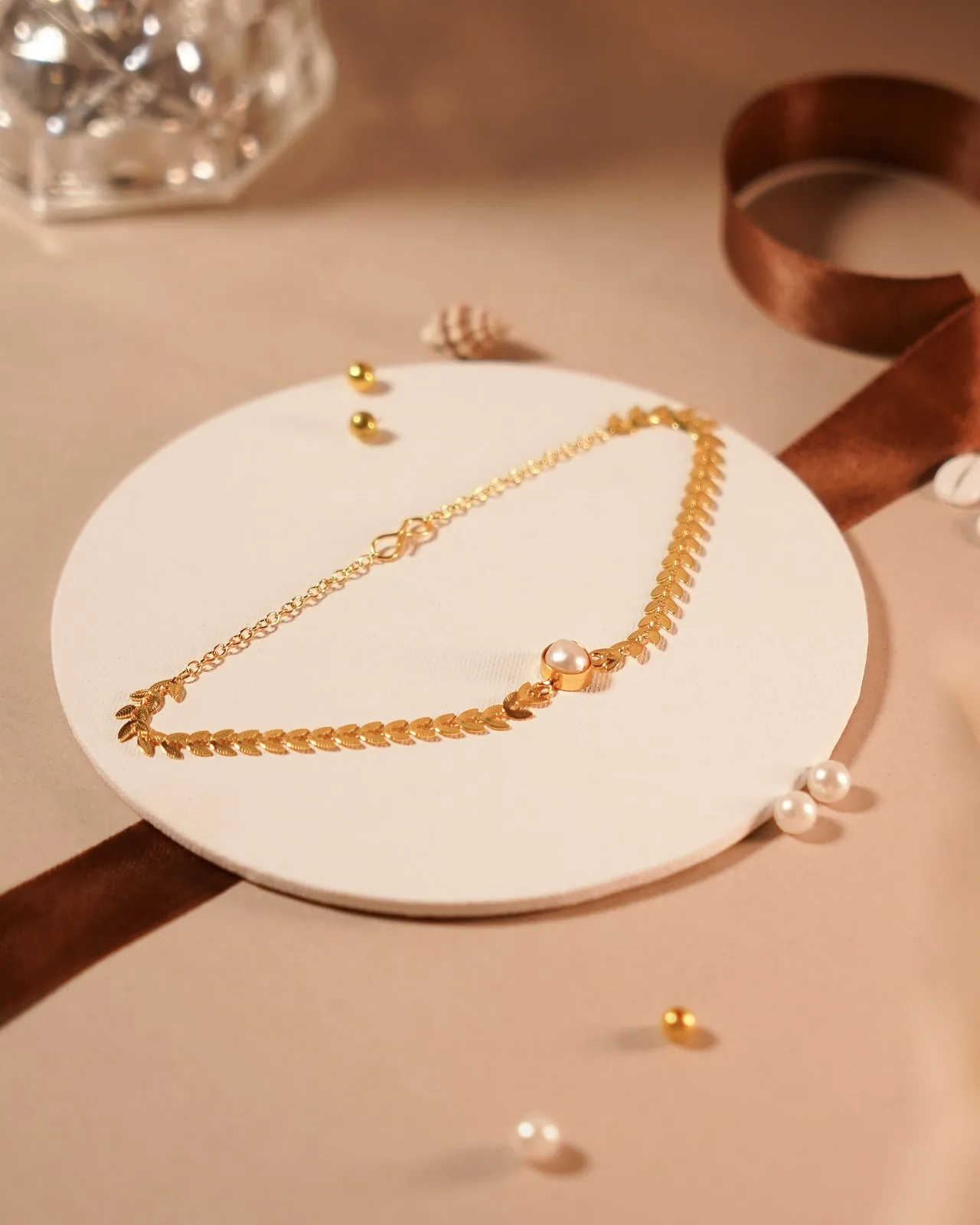Tiny Pearl, Golden Leaves Neck Piece by ANIKI