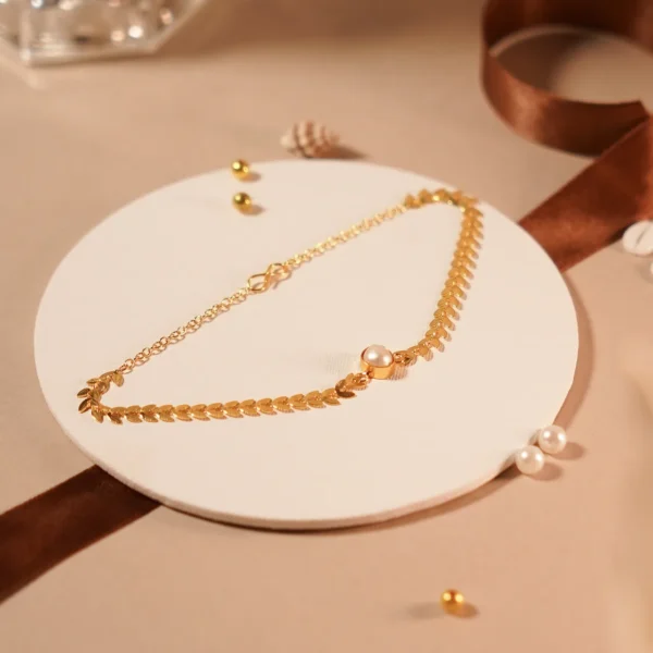 Tiny Pearl, Golden Leaves Neck Piece worn