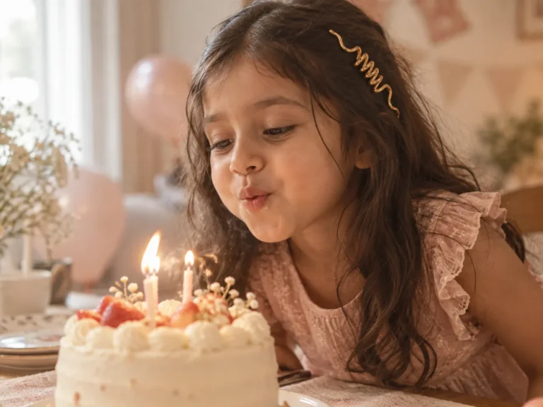 Girl blowing out birthday candles, wearing the ANIKI Golden Wave Hair Accessory