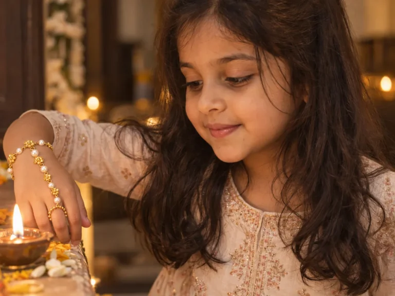 Girl lighting a diya, wearing the ANIKI Pearl Floral Hathphool
